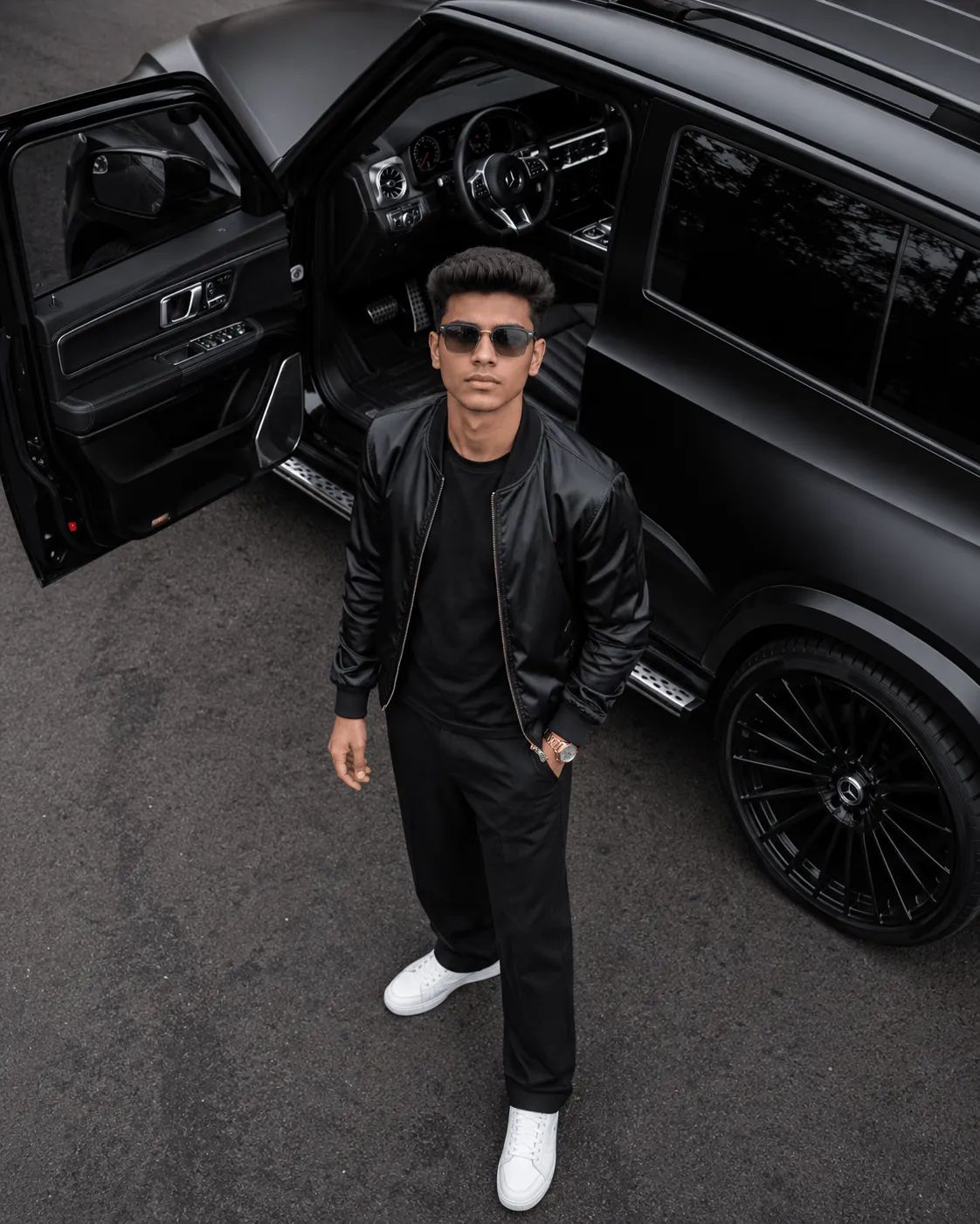 Confident Stance By A Luxury Car Prompt